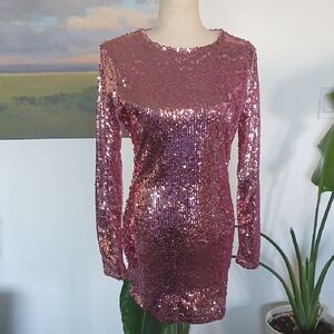 Superdown "Cindi" Pink Sequin Long-sleeve Mini Dress M